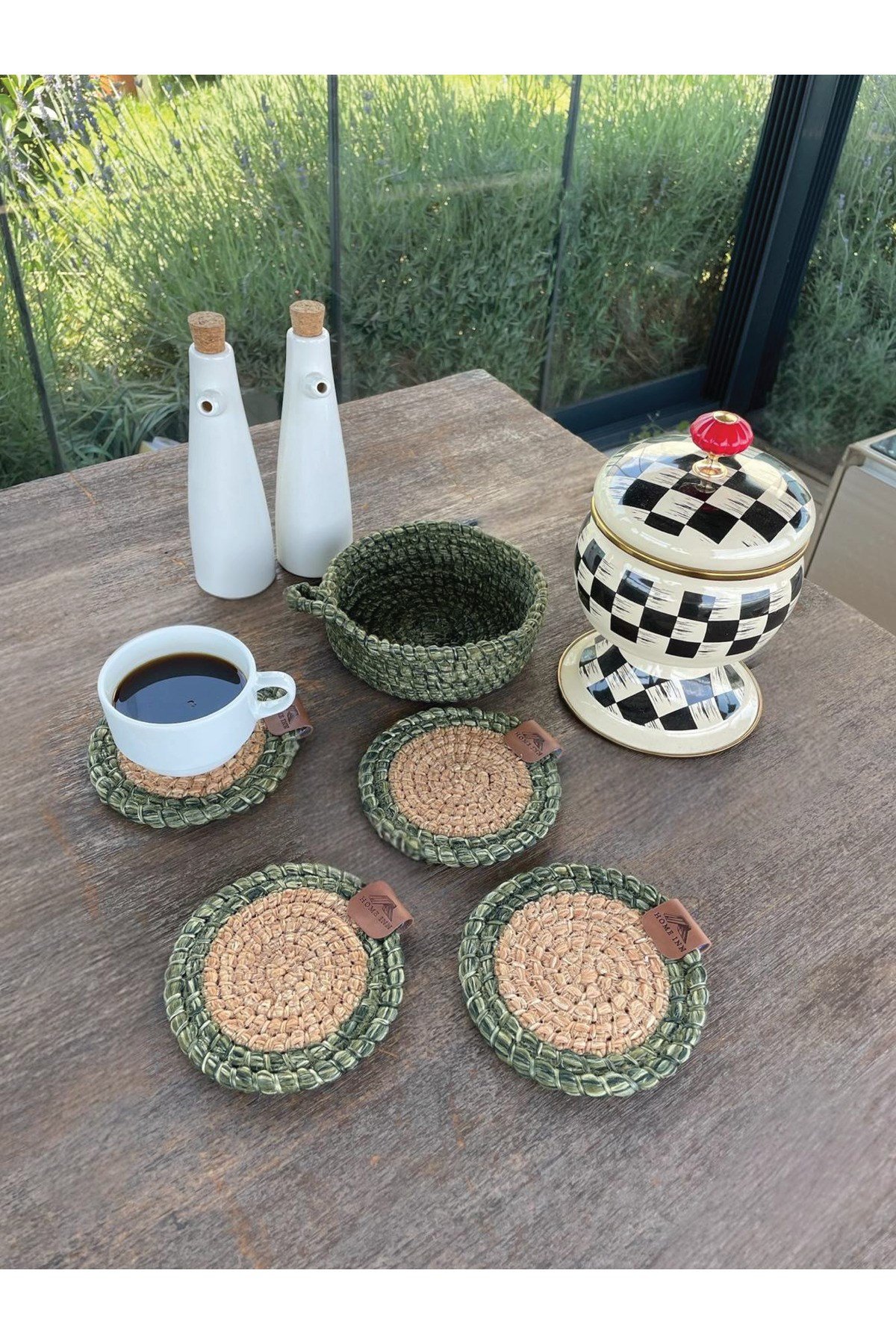 4 Adet Yuvarlak Kılfılı Bardak Altlığı- Leke Tutmaz- Naturel-Yeşil 13x13 cm