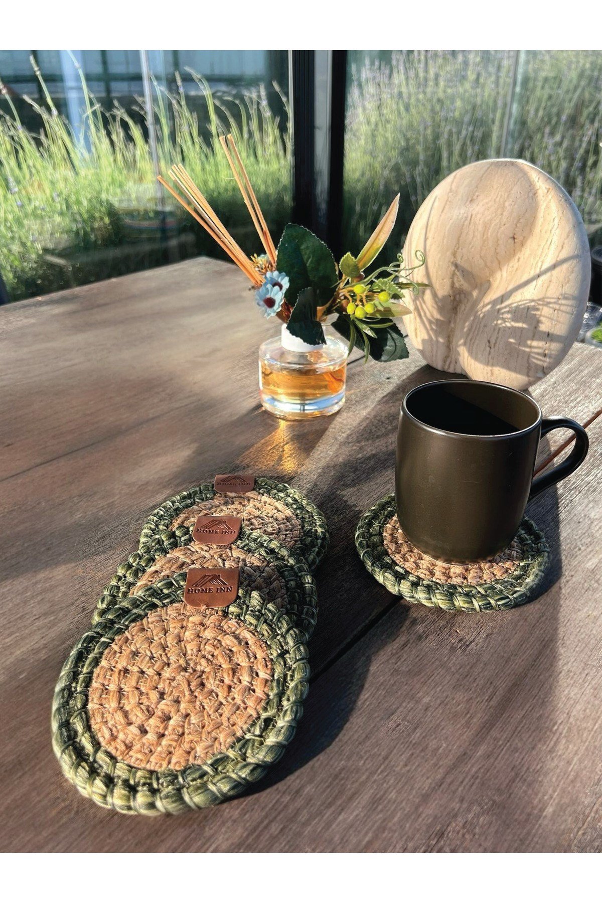 4 Adet Yuvarlak Kılfılı Bardak Altlığı- Leke Tutmaz- Naturel-Yeşil 13x13 cm