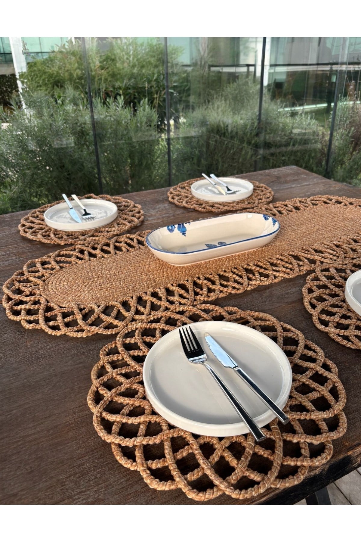 4 Kişilik Hasır Görünümlü Amerikan Servis ve Runner Takımı