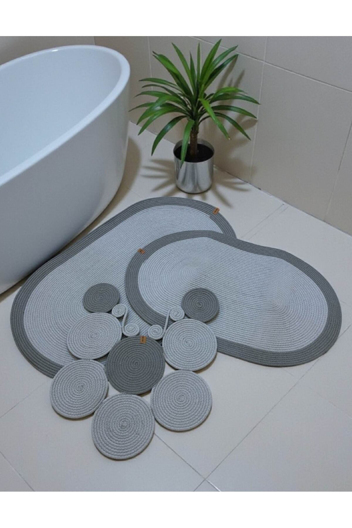Banyo Paspas Seti 3'lü El Yapımı Oval (60x100, 50x90, 51x60 cm) | Modern Tonlar Dekoratif Paspas