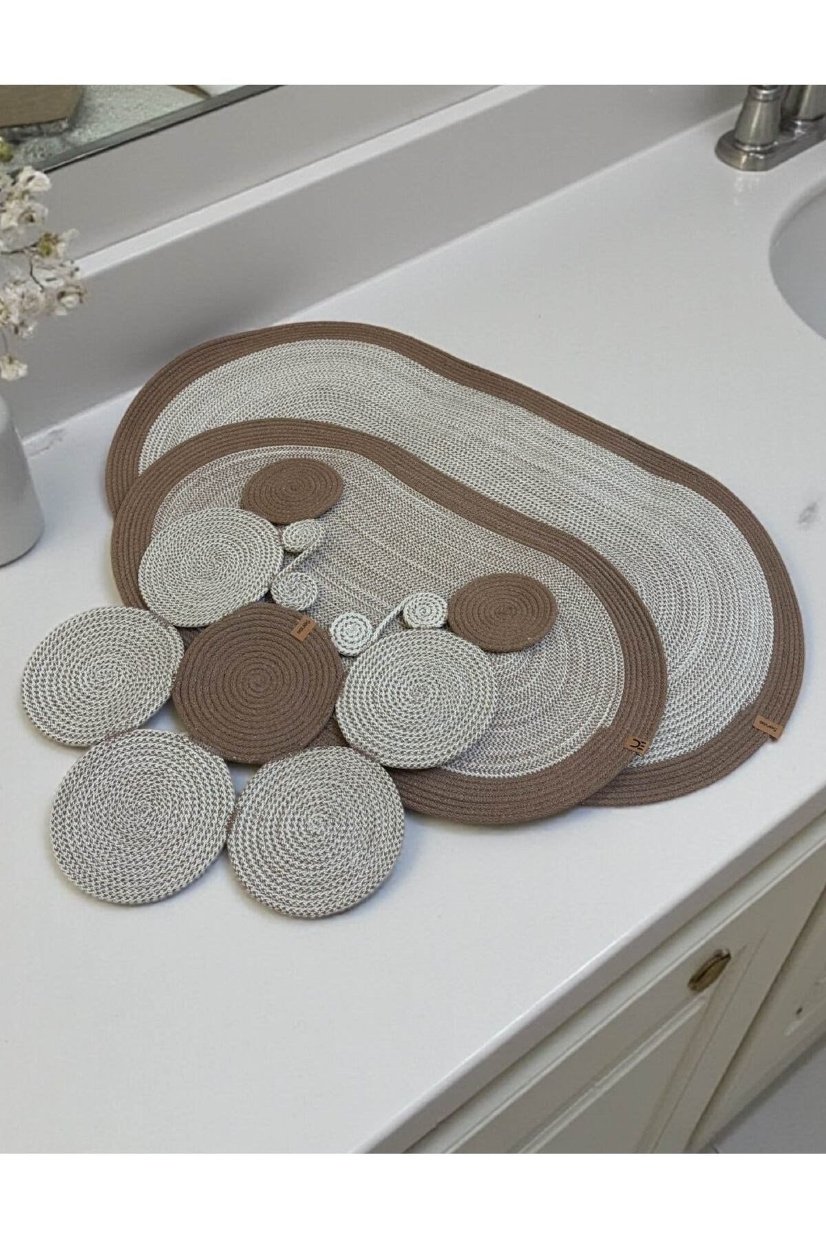 Banyo Paspas Seti 3'lü El Yapımı Oval (60x100, 50x90, 51x60 cm) | Modern Tonlar Dekoratif Paspas