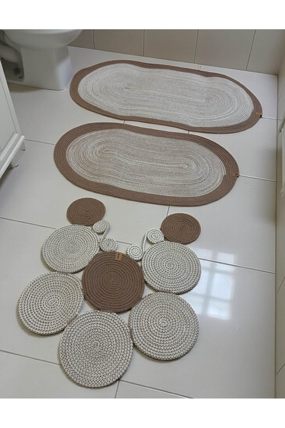 Banyo Paspas Seti 3'lü El Yapımı Oval (60x100, 50x90, 51x60 cm) | Modern Tonlar Dekoratif Paspas