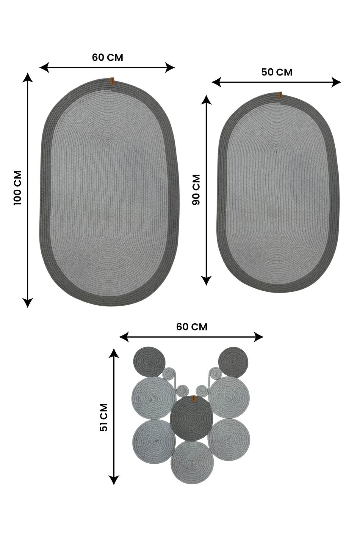 Banyo Paspas Seti 3'lü El Yapımı Oval (60x100, 50x90, 51x60 cm) | Modern Tonlar Dekoratif Paspas