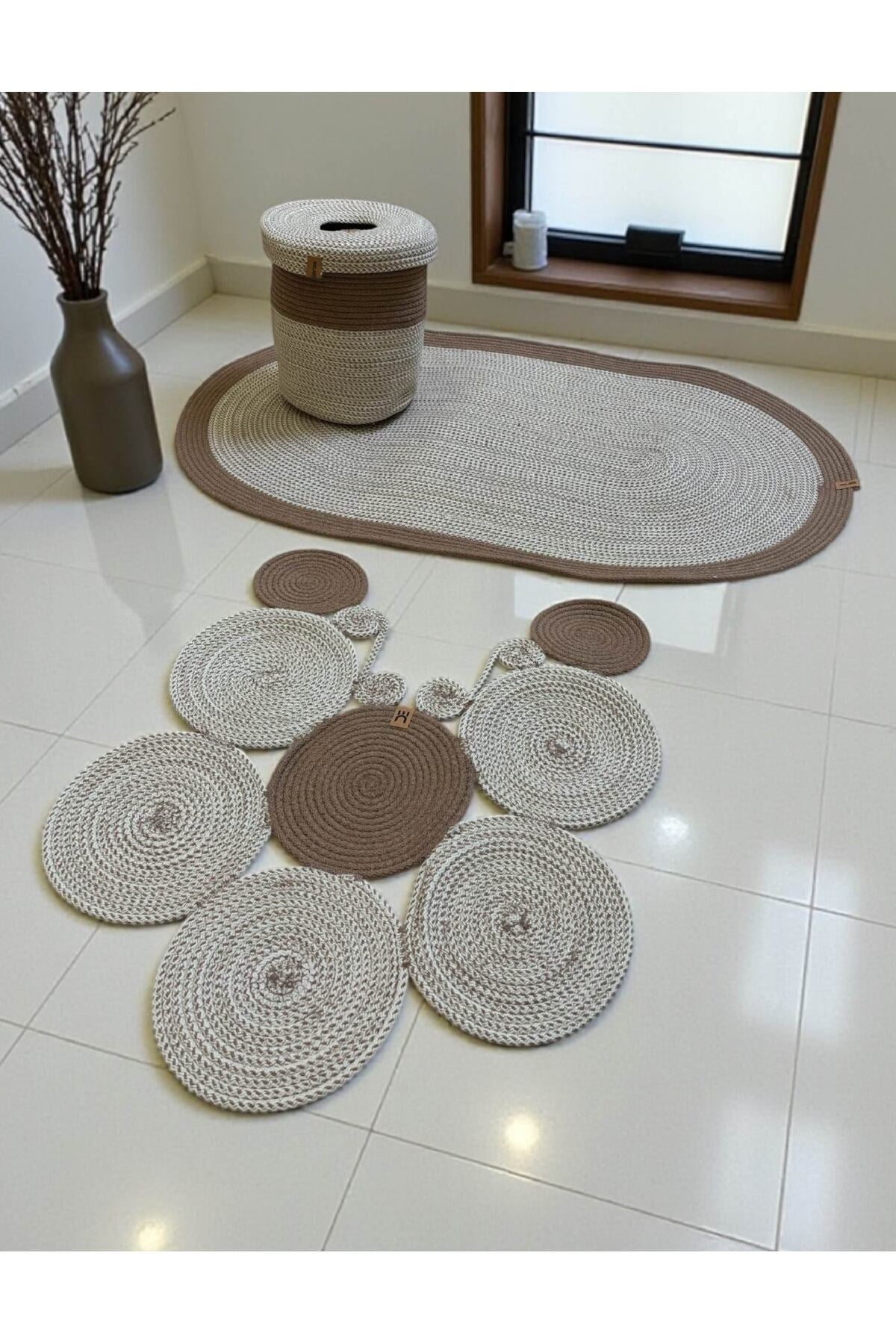 Banyo Seti 3'lü El Yapımı Örgü Paspas (60x100 cm) & Yuvarlak Çöp Kovası Seti | Leke Tutmaz