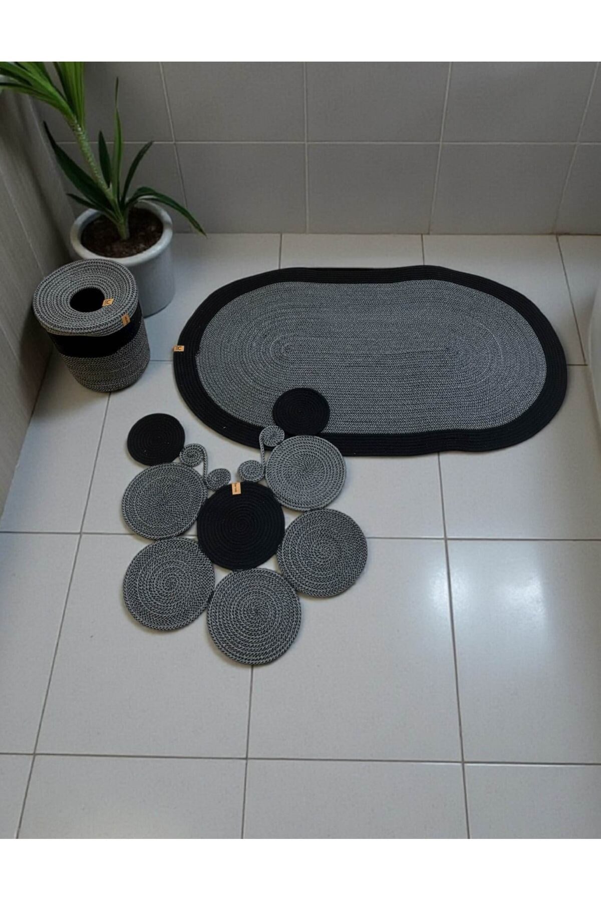 Banyo Seti 3'lü El Yapımı Örgü Paspas (60x100 cm) & Yuvarlak Çöp Kovası Seti | Leke Tutmaz