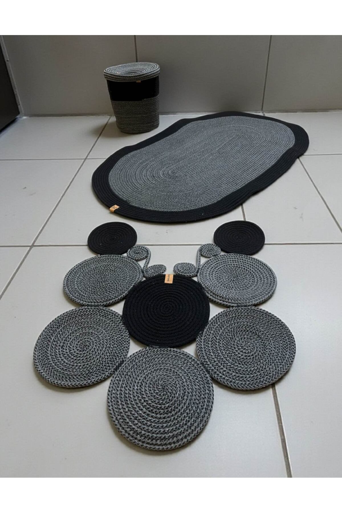 Banyo Seti 3'lü El Yapımı Örgü Paspas (60x100 cm) & Yuvarlak Çöp Kovası Seti | Leke Tutmaz