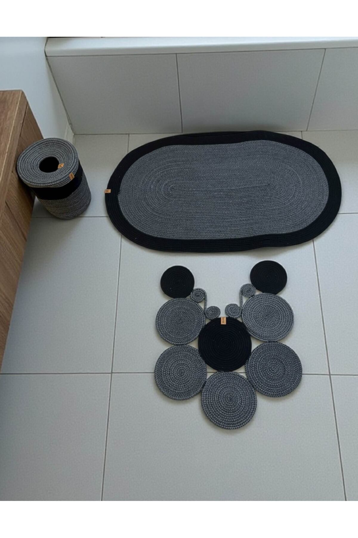 Banyo Seti 3'lü El Yapımı Örgü Paspas (60x100 cm) & Yuvarlak Çöp Kovası Seti | Leke Tutmaz