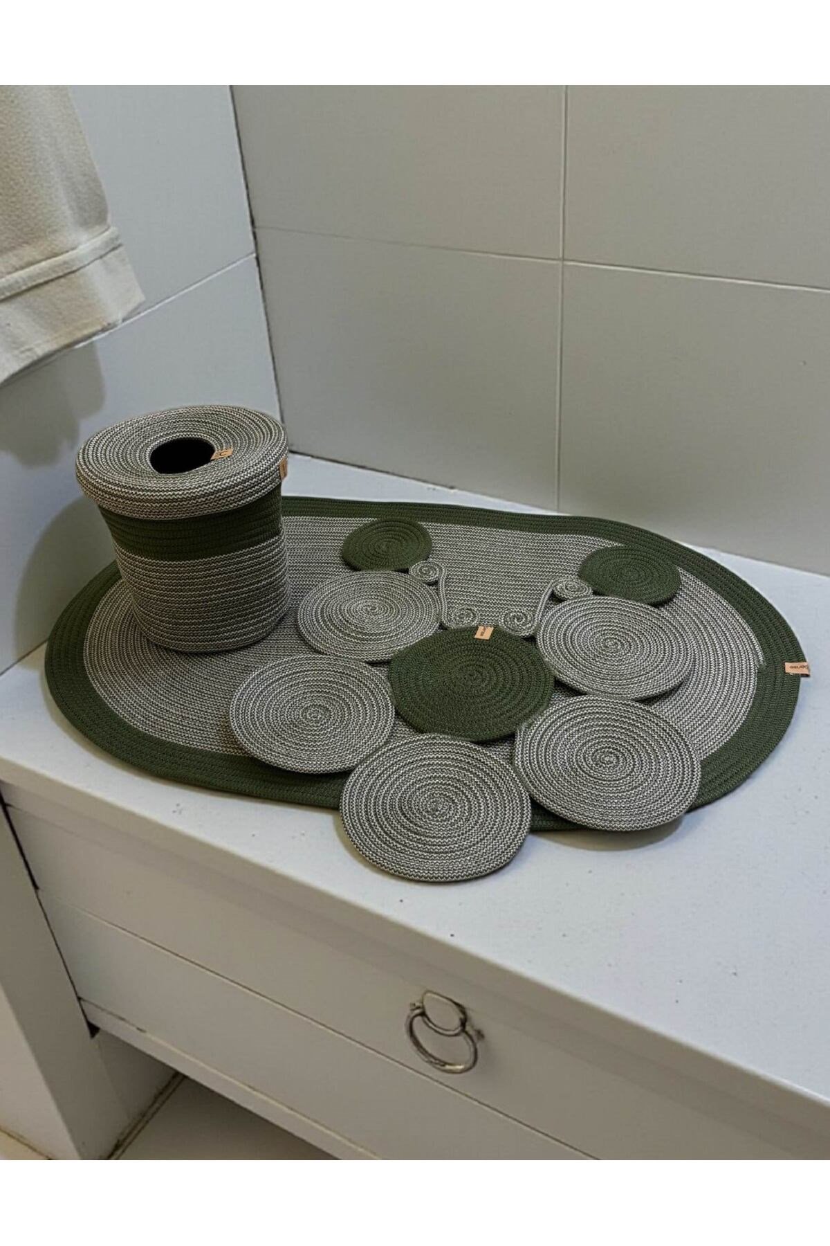 Banyo Seti 3'lü El Yapımı Örgü Paspas (60x100 cm) & Yuvarlak Çöp Kovası Seti | Leke Tutmaz