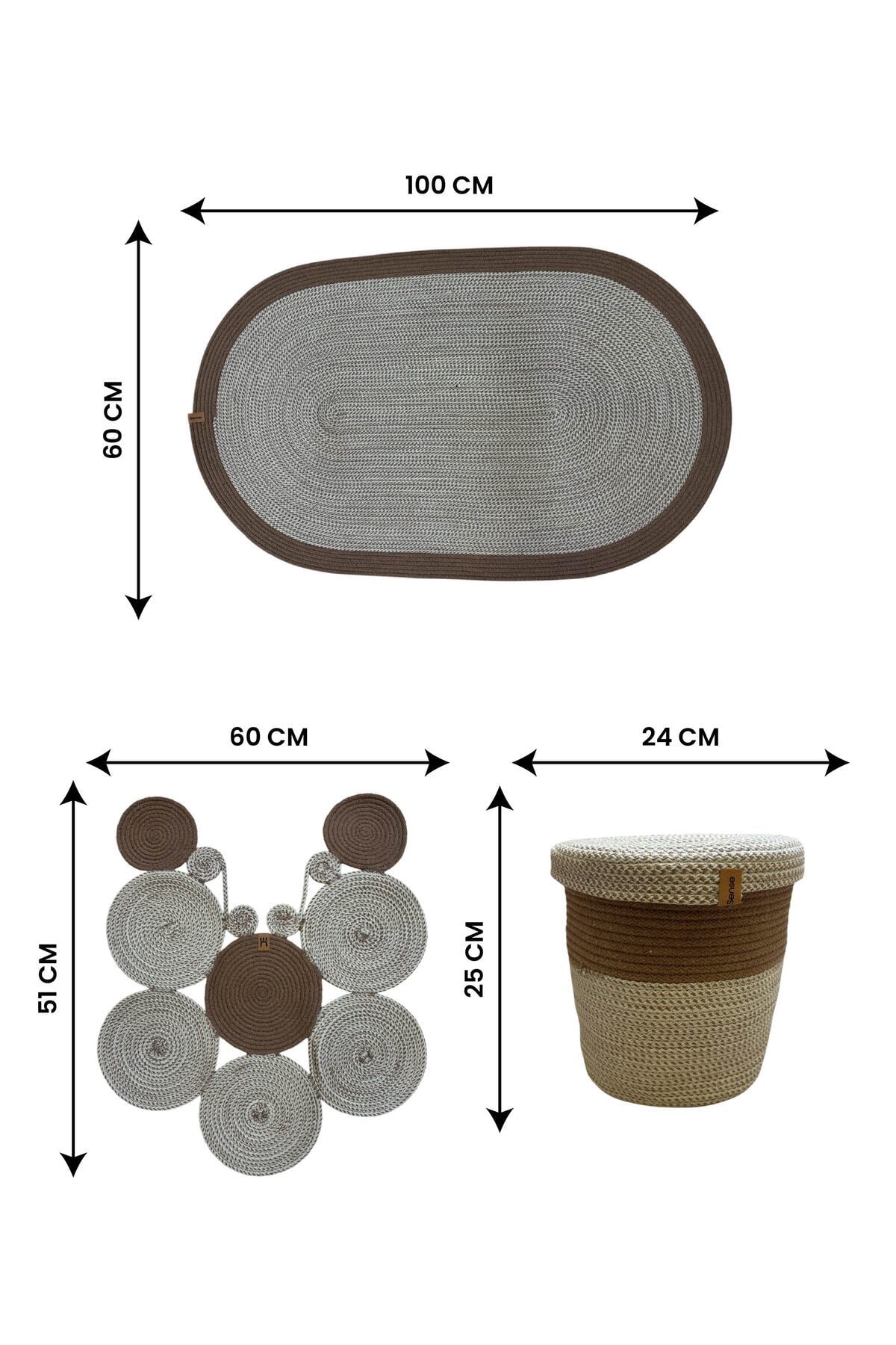 Banyo Seti 3'lü El Yapımı Örgü Paspas (60x100 cm) & Yuvarlak Çöp Kovası Seti | Leke Tutmaz