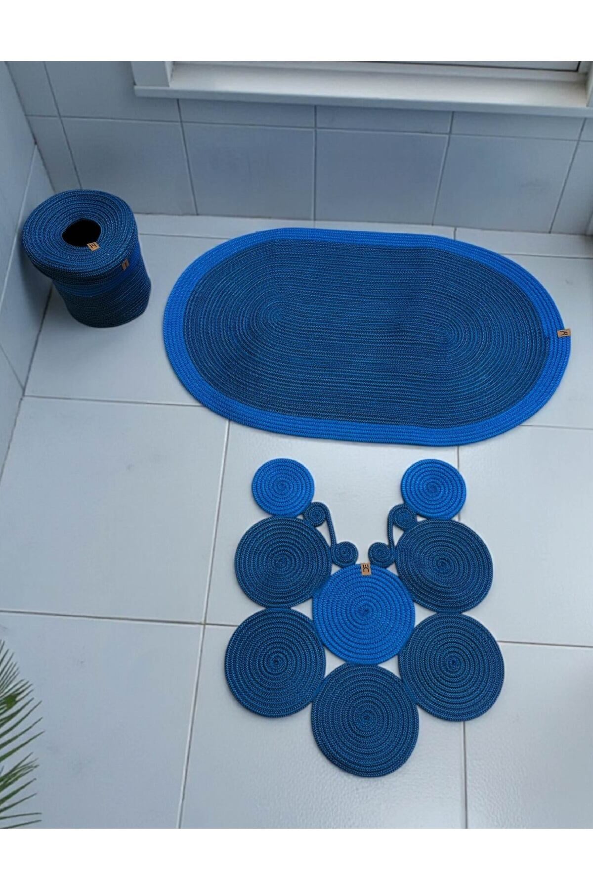 Banyo Seti 3'lü El Yapımı Örgü Paspas (60x100 cm) & Yuvarlak Çöp Kovası Seti | Leke Tutmaz