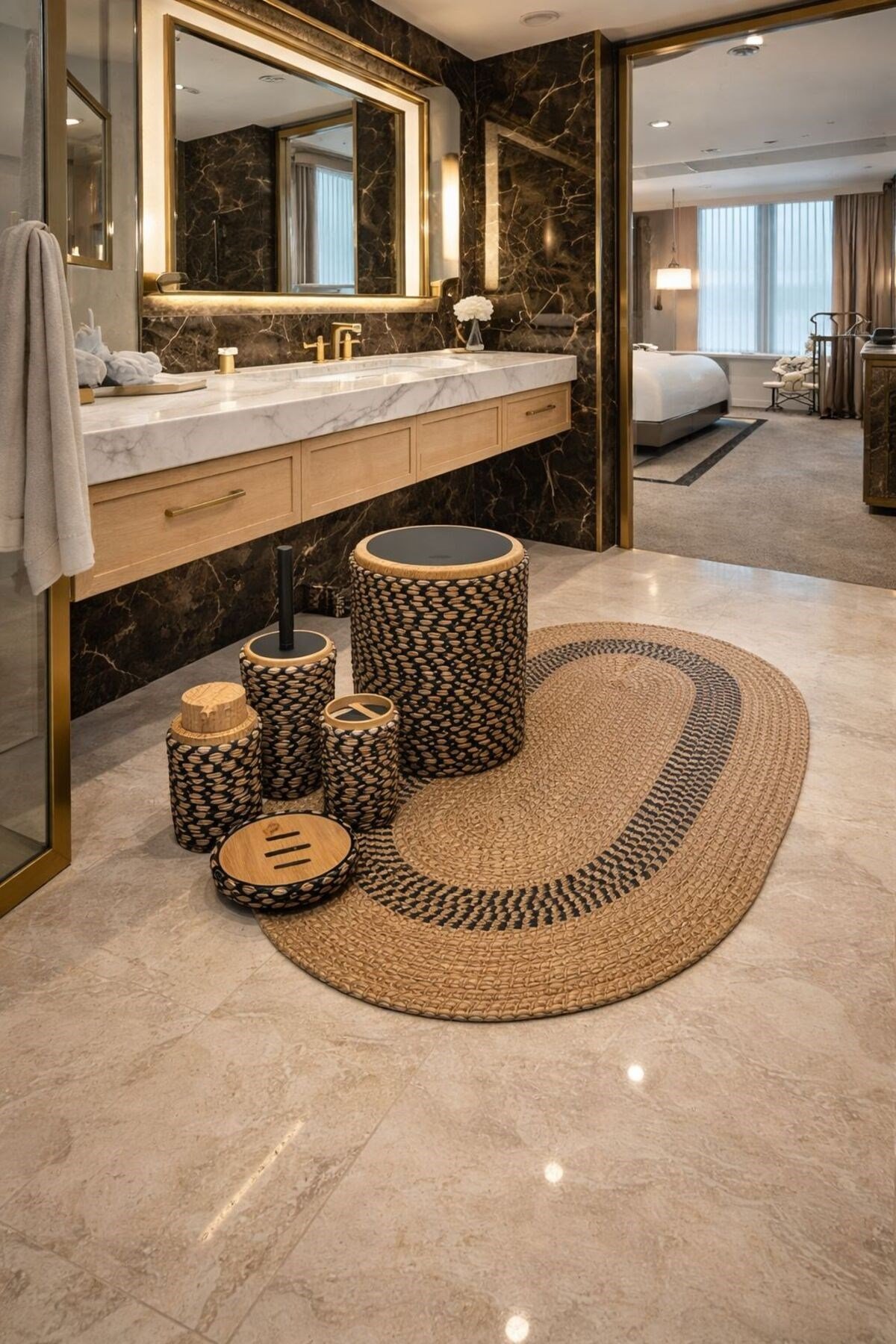 Banyo Seti 6’lı – Natural Dokulu – Dekoratif - Hasır Görünümlü