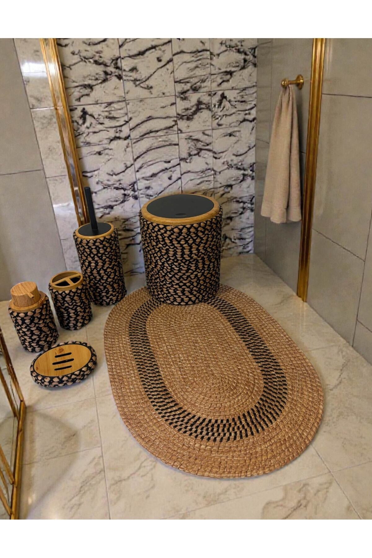 Banyo Seti 6’lı – Natural Dokulu – Dekoratif - Hasır Görünümlü
