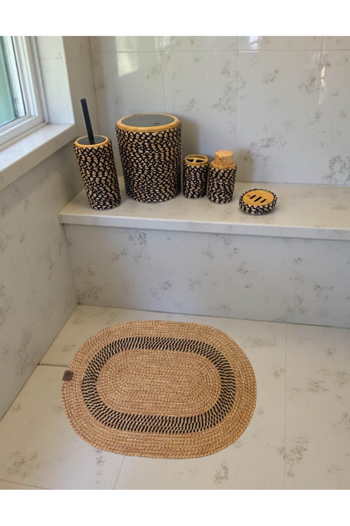 Banyo Seti 6’lı – Natural Dokulu – Dekoratif - Hasır Görünümlü