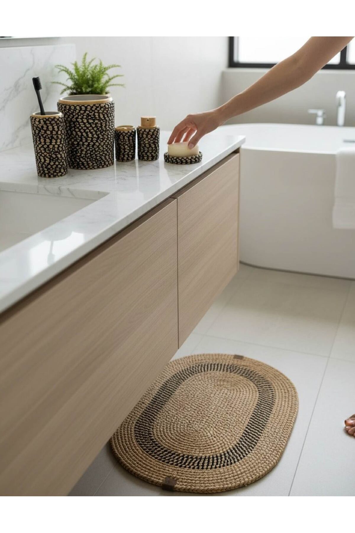 Banyo Seti 6’lı – Natural Dokulu – Dekoratif - Hasır Görünümlü