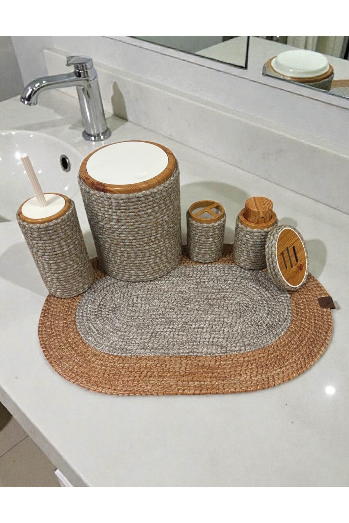 Banyo Seti 6 Parça Hasır Görünümlü – Şık ve Modern Model