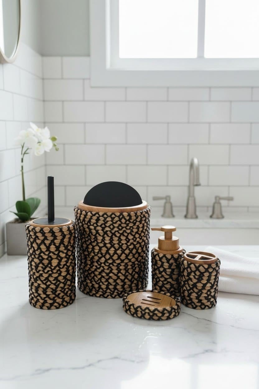 Banyo Seti 6'lı – Natural Dokulu – Dekoratif - Hasır Görünümlü