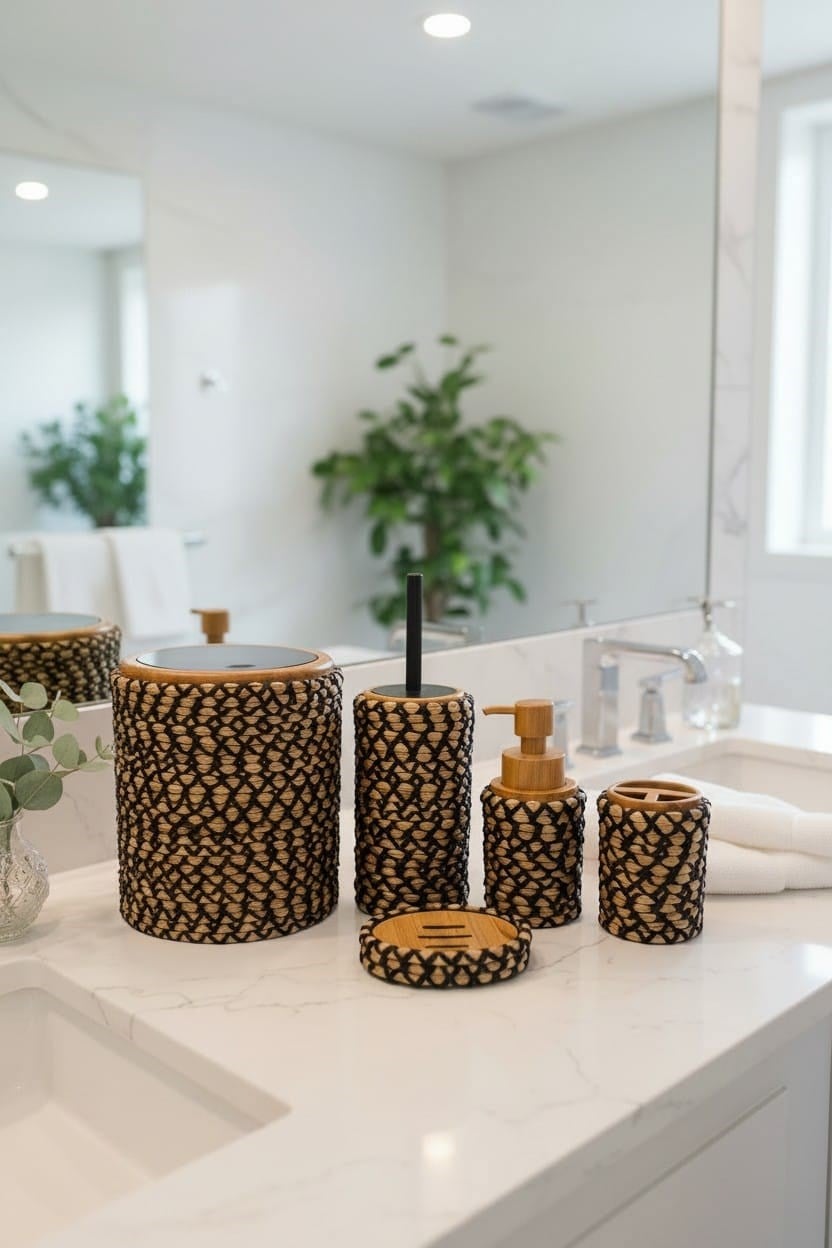 Banyo Seti 6'lı – Natural Dokulu – Dekoratif - Hasır Görünümlü