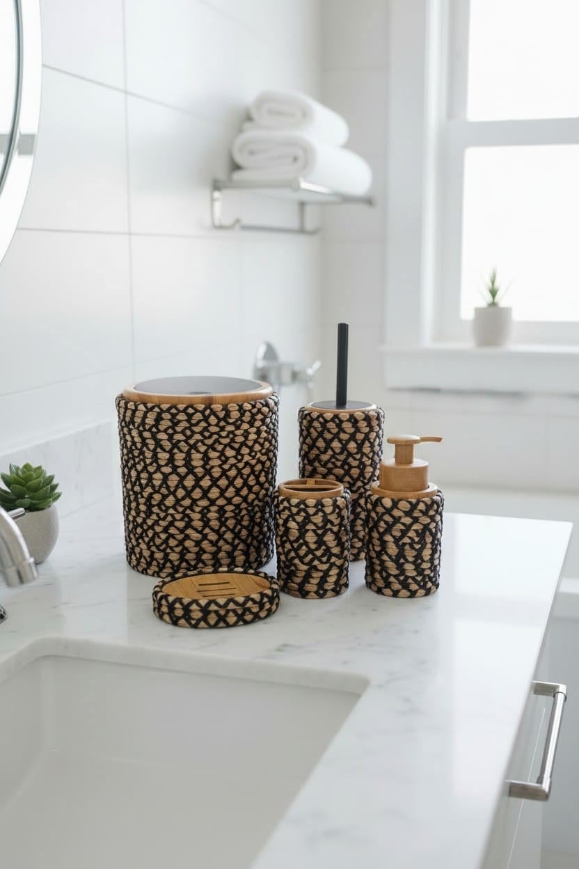 Banyo Seti 6'lı – Natural Dokulu – Dekoratif - Hasır Görünümlü