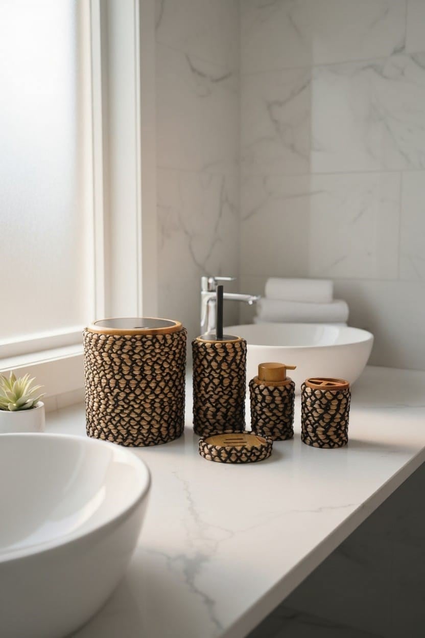 Banyo Seti 6'lı – Natural Dokulu – Dekoratif - Hasır Görünümlü
