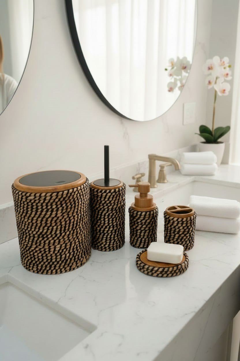 Banyo Takımı 6 Parça Hasır Dokulu – Modern & Zarif Tasarım
