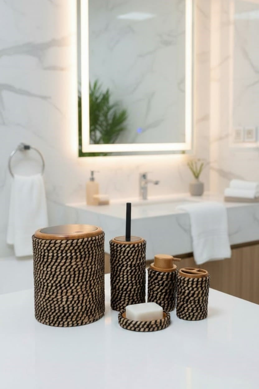Banyo Takımı 6 Parça Hasır Dokulu – Modern & Zarif Tasarım