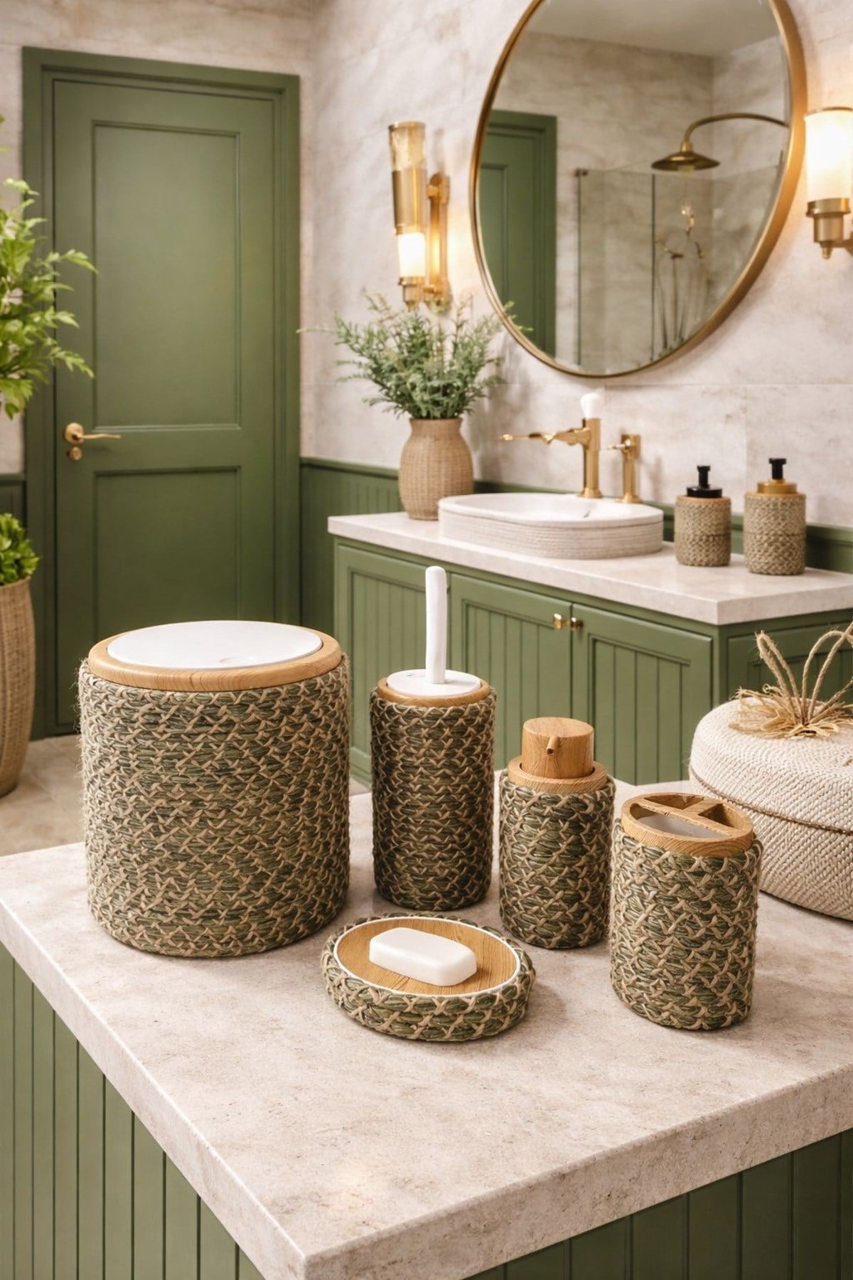 Banyo Takımı 6'lı Hasır Görünümlü – Modern Tarz – Natural