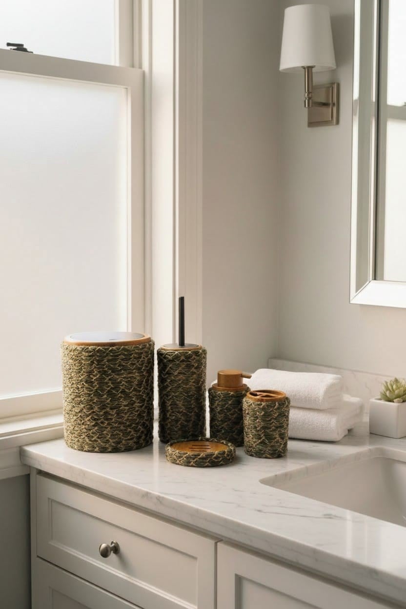 Banyo Takımı 6'lı Hasır Görünümlü – Modern Tarz – Natural