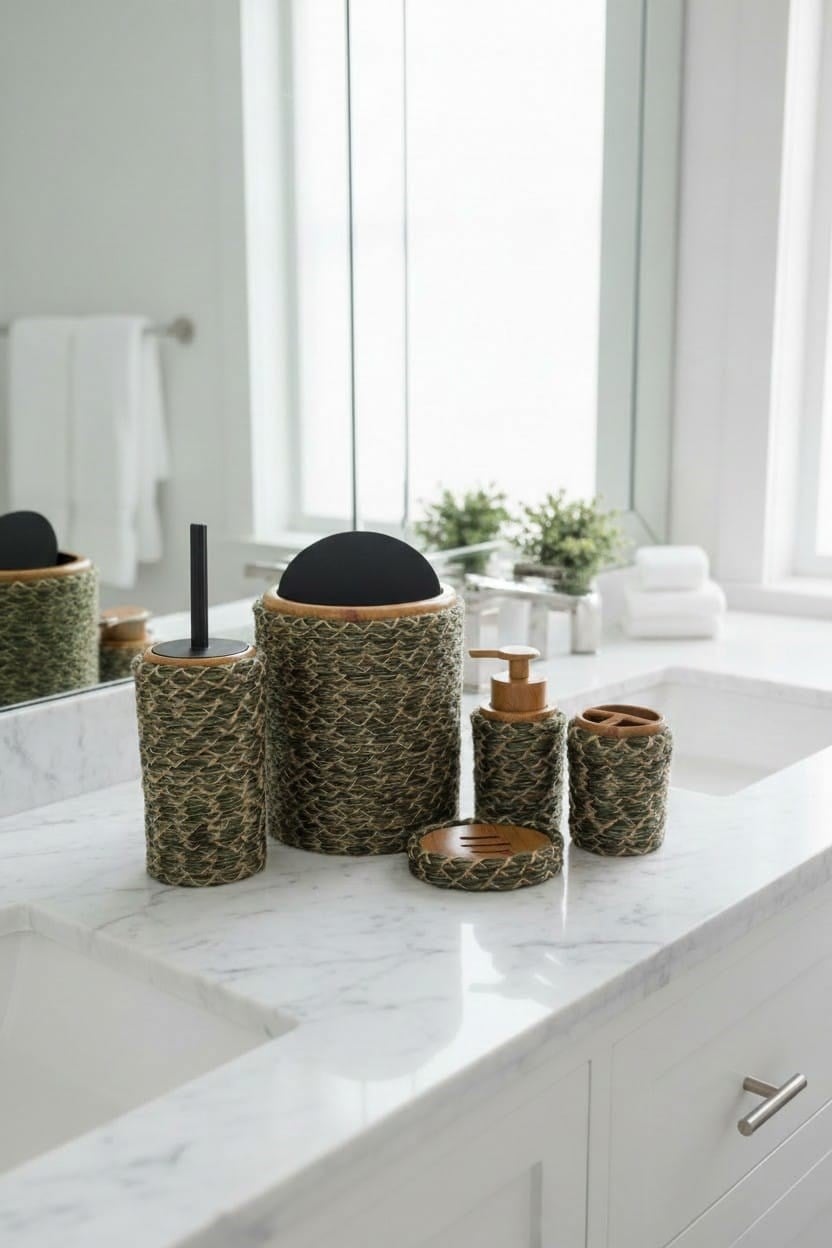 Banyo Takımı 6'lı Hasır Görünümlü – Modern Tarz – Natural
