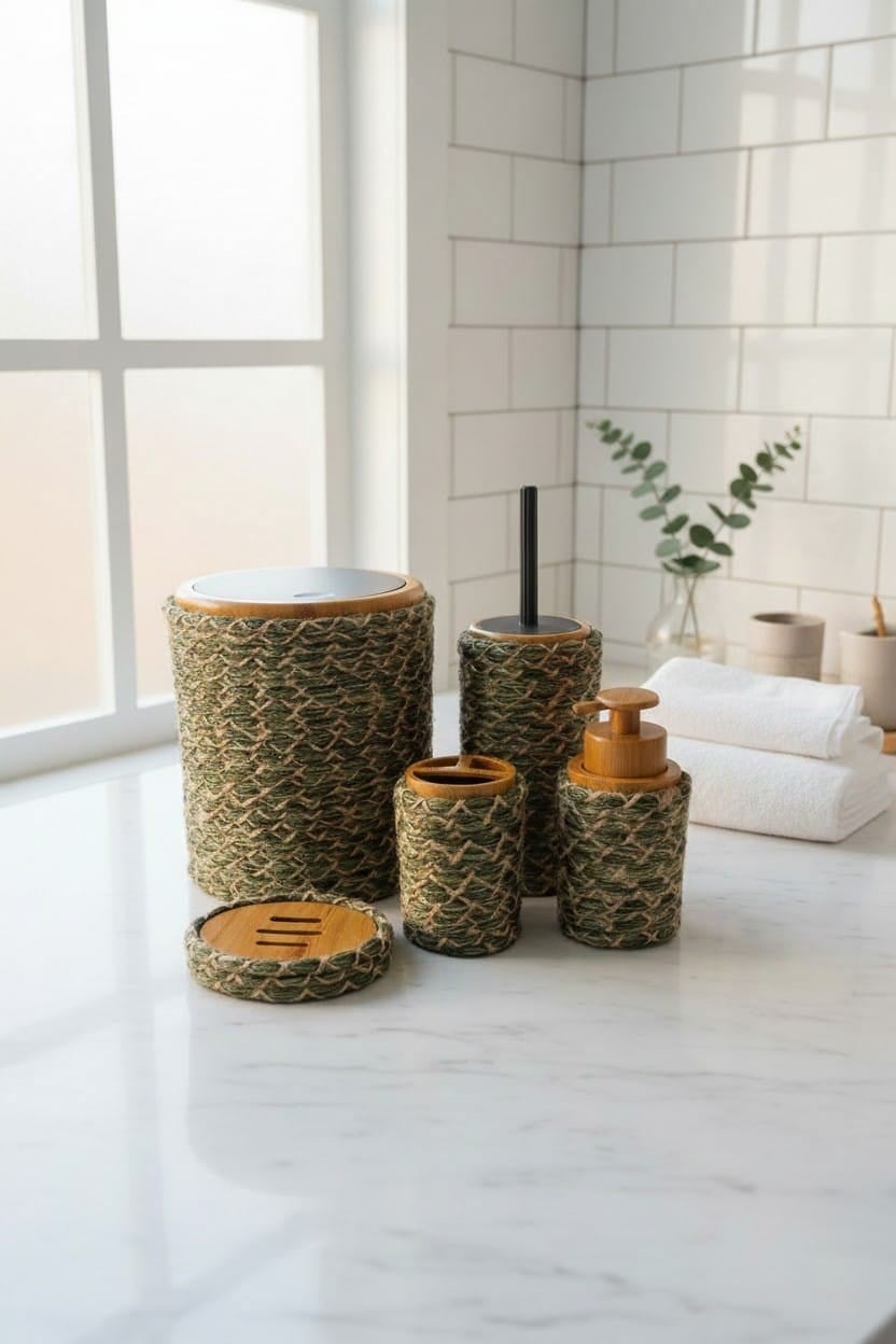 Banyo Takımı 6'lı Hasır Görünümlü – Modern Tarz – Natural