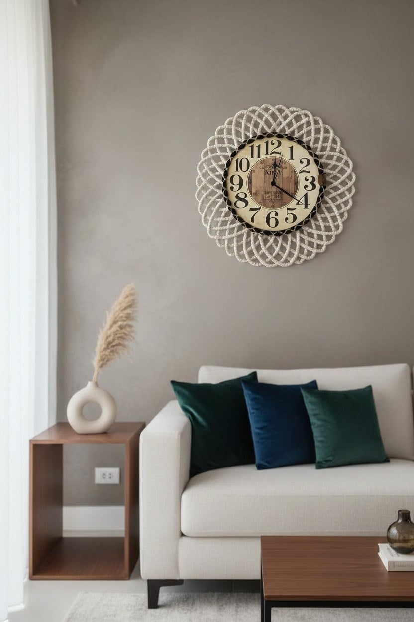 Bohem Hasır Çerçeveli Duvar Saati – Modern Görünümlü Dekoratif Salon Saati – 43 cm Beyaz/Natural