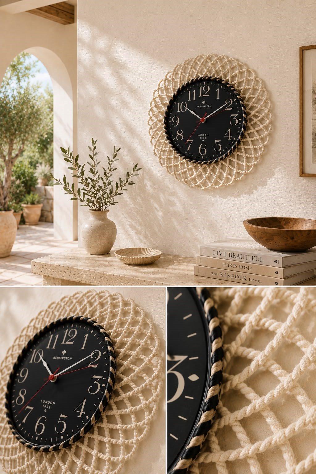 Bohem Hasır Çerçeveli Duvar Saati – Modern Görünümlü Dekoratif Salon Saati – 43 cm Beyaz/Siyah