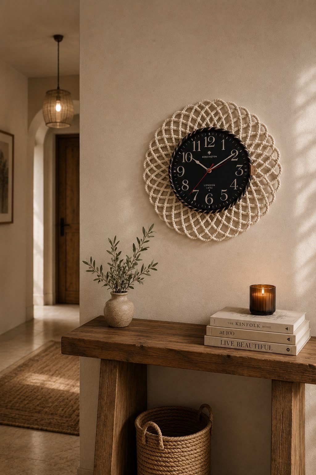 Bohem Hasır Çerçeveli Duvar Saati – Modern Görünümlü Dekoratif Salon Saati – 43 cm Beyaz/Siyah