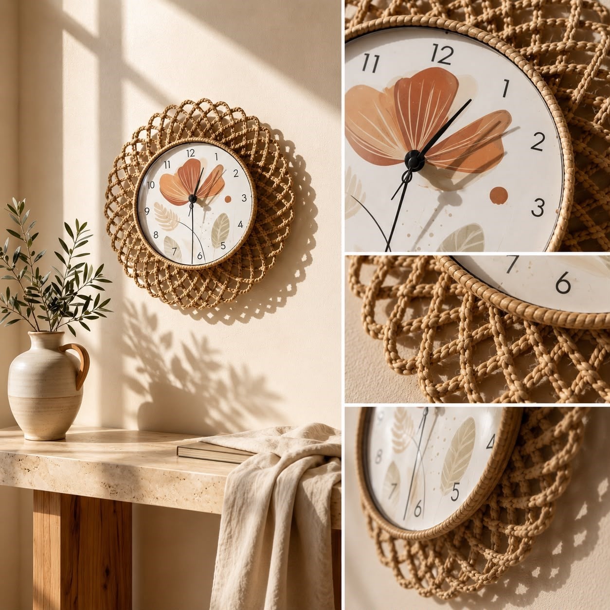 Bohem Hasır Çerçeveli Duvar Saati – Modern Görünümlü Dekoratif Salon Saati – 43 cm