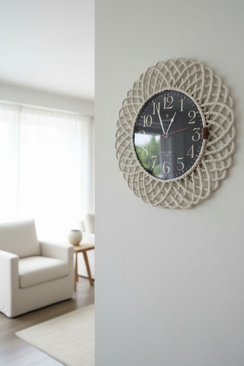 Bohem Hasır Çerçeveli Duvar Saati – Modern Görünümlü Dekoratif Salon Saati – 43 cm Beyaz/Siyah