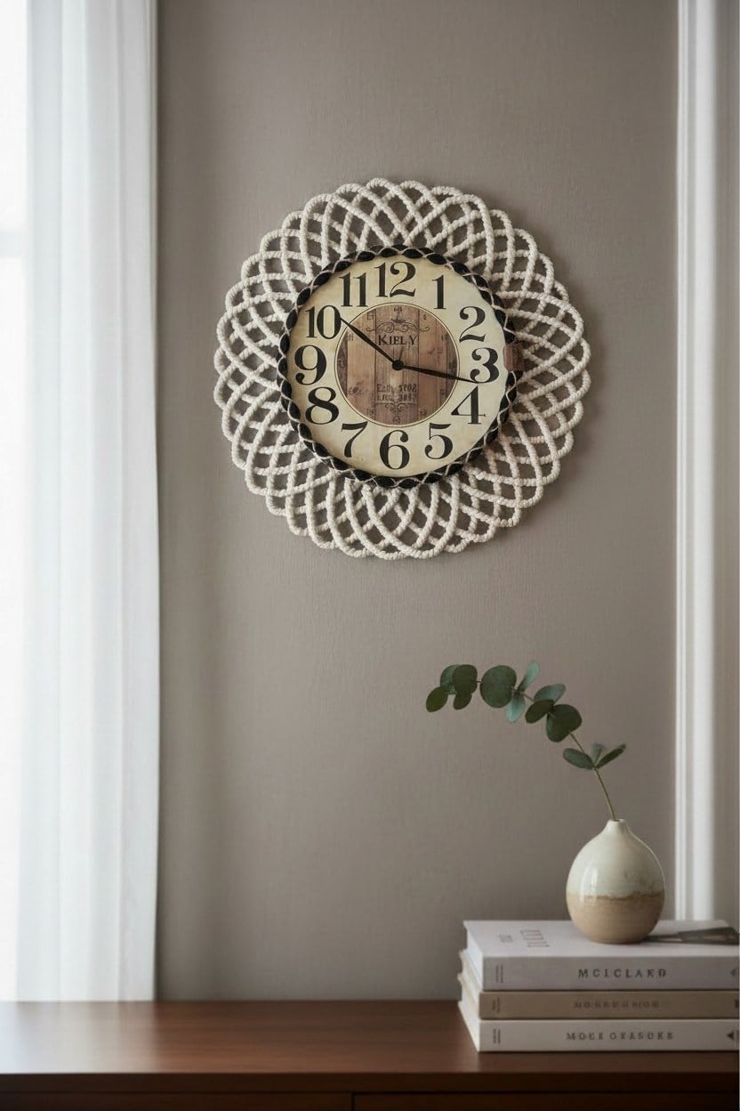 Bohem Hasır Çerçeveli Duvar Saati – Modern Görünümlü Dekoratif Salon Saati – 43 cm Beyaz/Natural