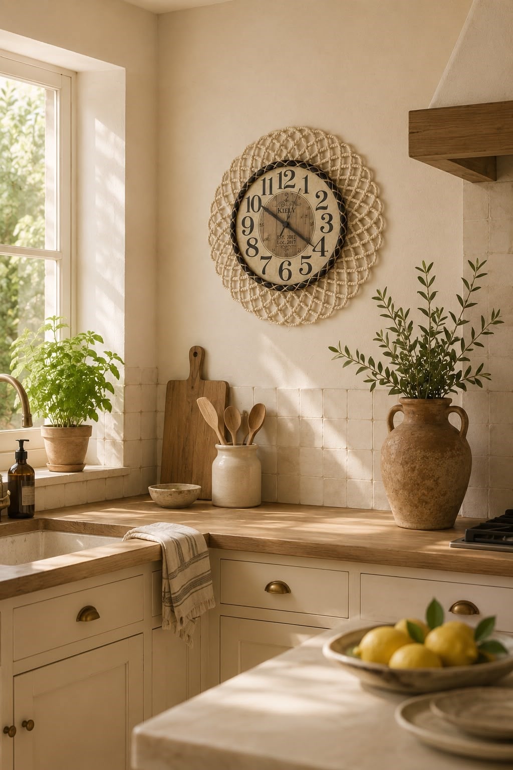 Bohem Hasır Çerçeveli Duvar Saati – Modern Görünümlü Dekoratif Salon Saati – 43 cm Beyaz/Natural