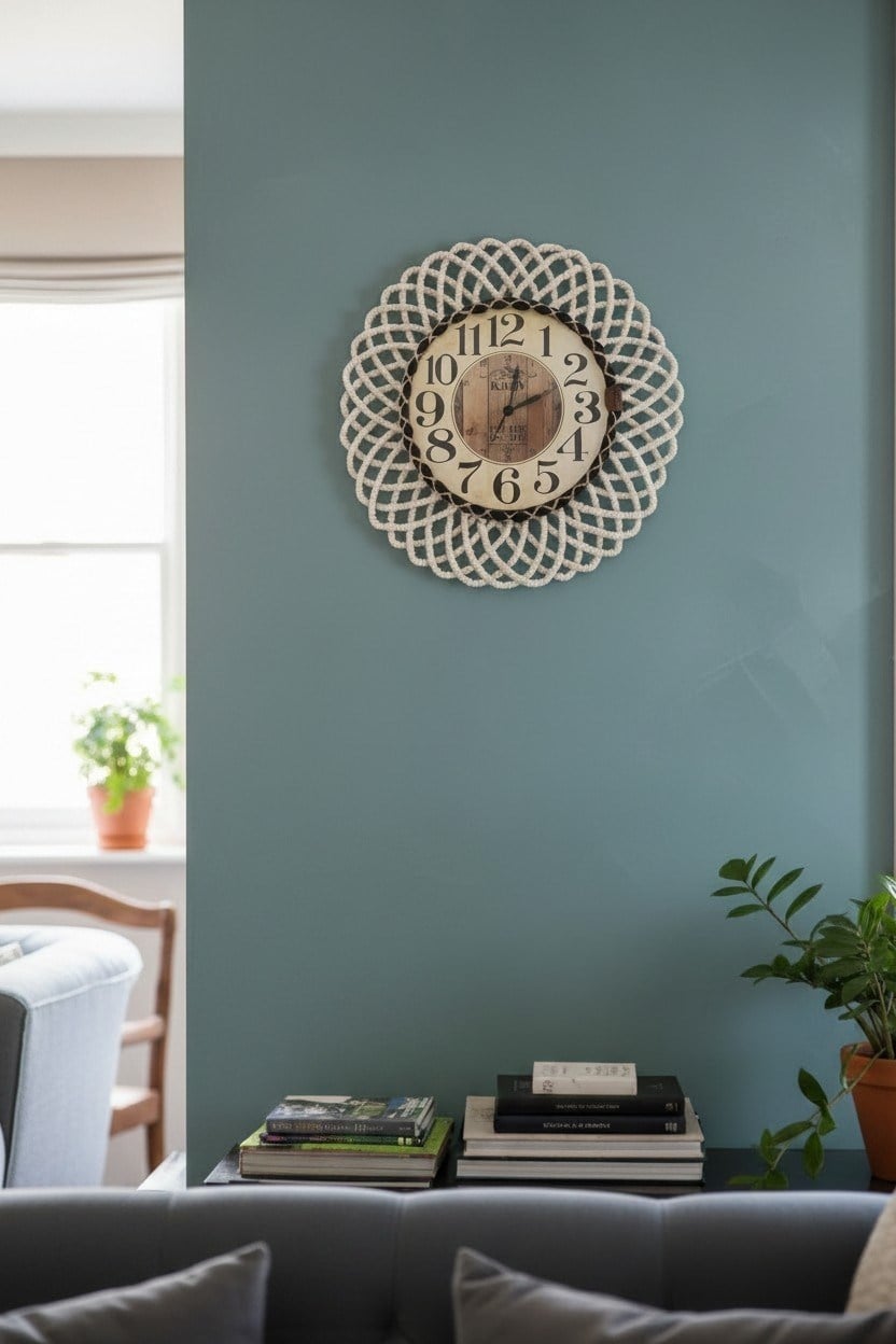 Bohem Hasır Çerçeveli Duvar Saati – Modern Görünümlü Dekoratif Salon Saati – 43 cm Beyaz/Natural