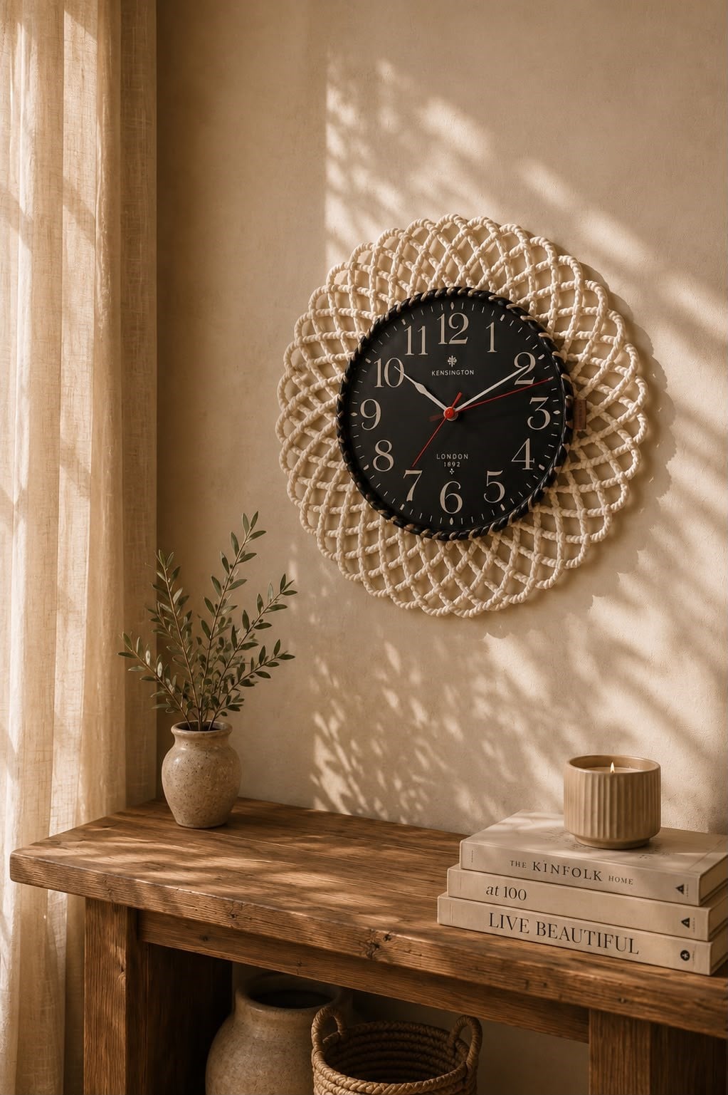 Bohem Hasır Çerçeveli Duvar Saati – Modern Görünümlü Dekoratif Salon Saati – 43 cm Beyaz/Siyah