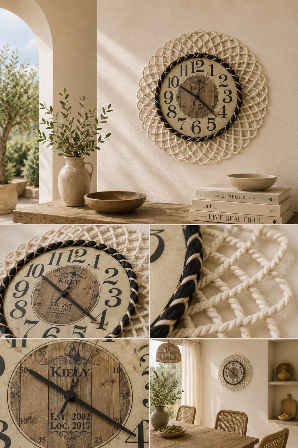 Bohem Hasır Çerçeveli Duvar Saati – Modern Görünümlü Dekoratif Salon Saati – 43 cm Beyaz/Natural