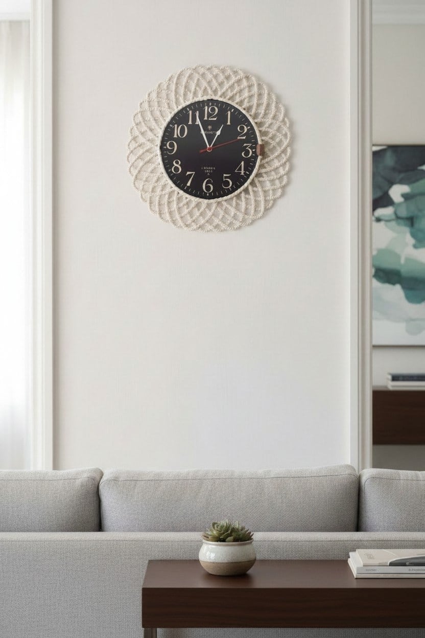 Bohem Hasır Çerçeveli Duvar Saati – Modern Görünümlü Dekoratif Salon Saati – 43 cm Beyaz/Siyah