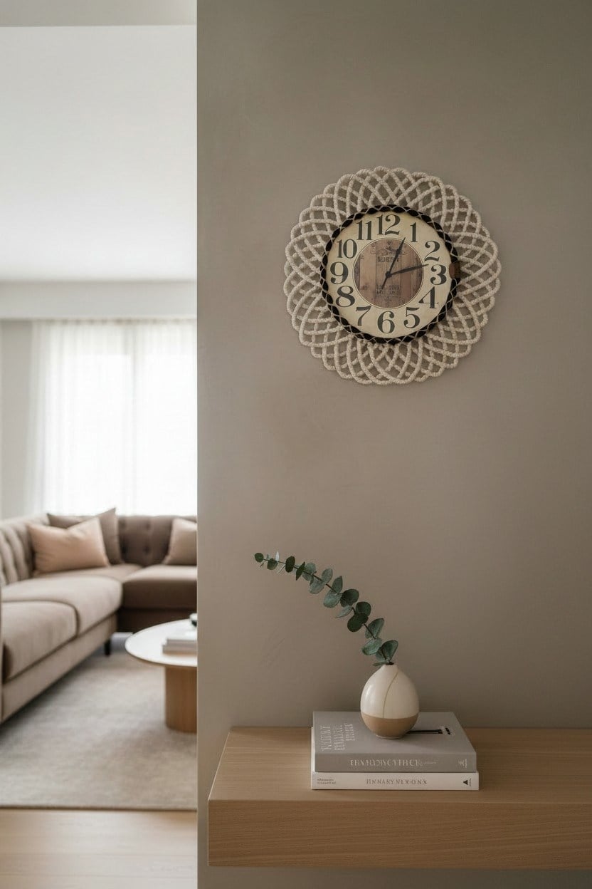 Bohem Hasır Çerçeveli Duvar Saati – Modern Görünümlü Dekoratif Salon Saati – 43 cm Beyaz/Natural