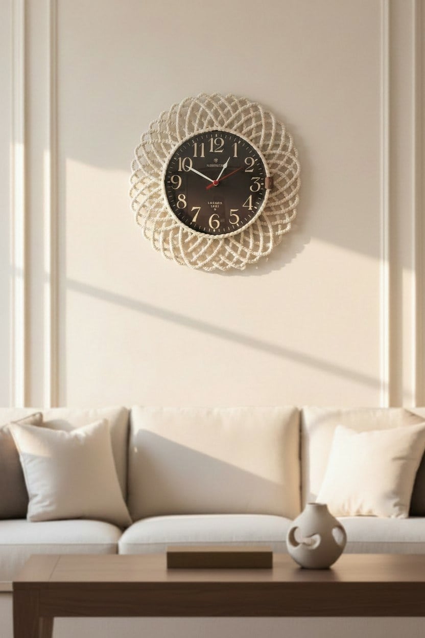 Bohem Hasır Çerçeveli Duvar Saati – Modern Görünümlü Dekoratif Salon Saati – 43 cm Beyaz/Siyah