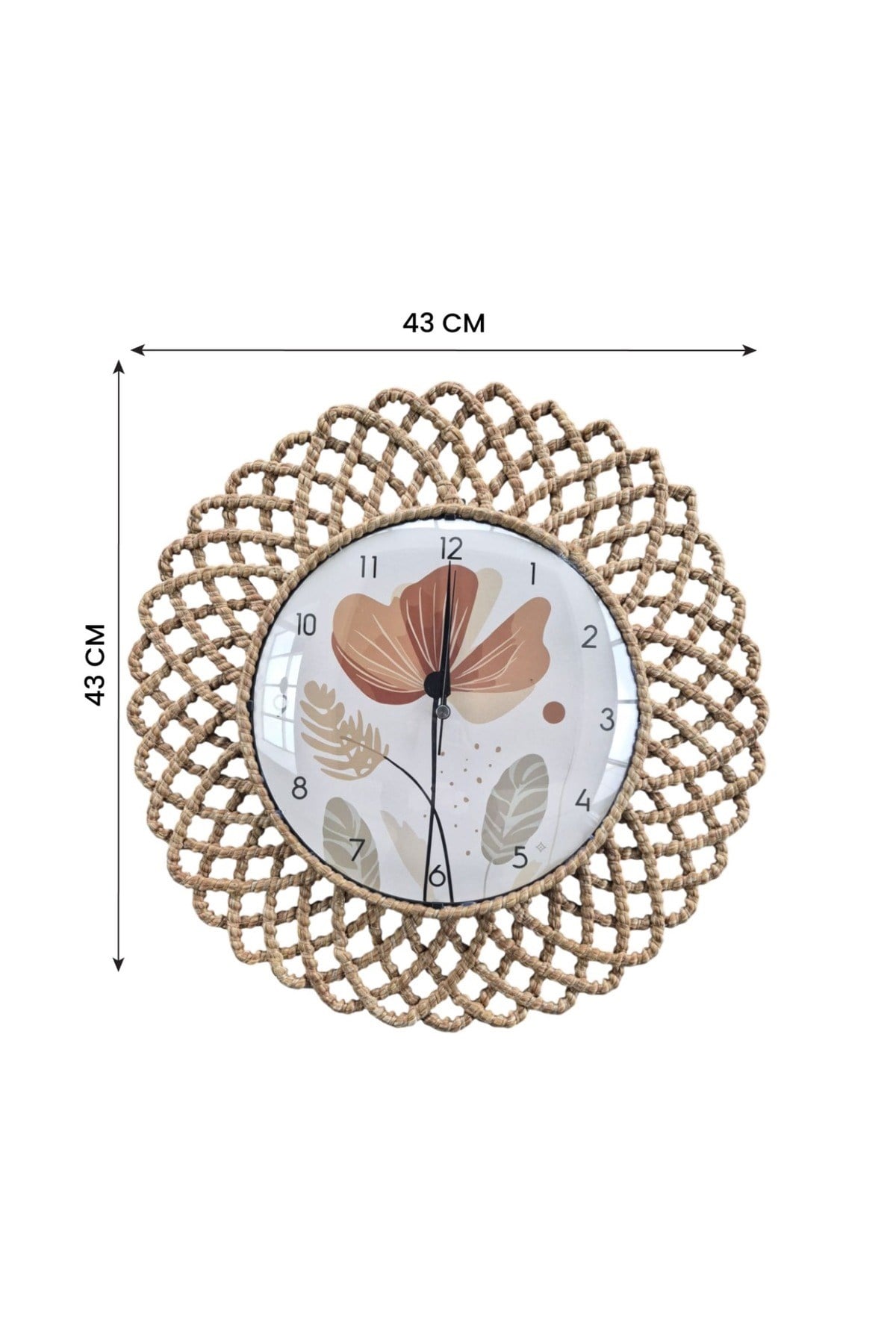 Bohem Hasır Çerçeveli Duvar Saati – Modern Görünümlü Dekoratif Salon Saati – 43 cm