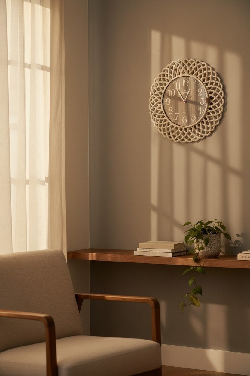 Bohem Hasır Çerçeveli Duvar Saati – Modern Görünümlü Dekoratif Salon Saati – 43 cm Beyaz/Siyah