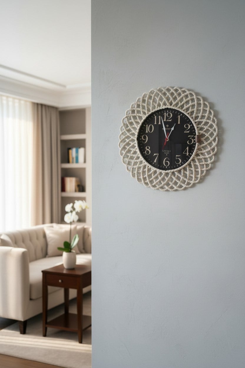 Bohem Hasır Çerçeveli Duvar Saati – Modern Görünümlü Dekoratif Salon Saati – 43 cm Beyaz/Siyah