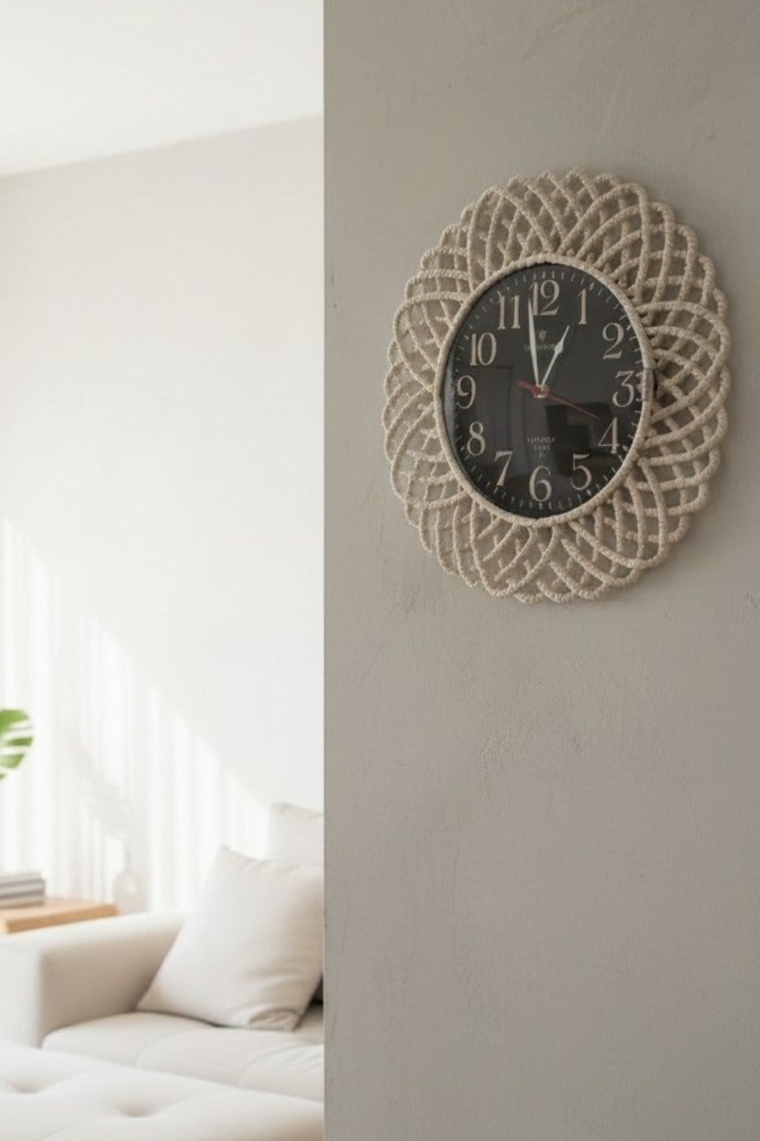 Bohem Hasır Çerçeveli Duvar Saati – Modern Görünümlü Dekoratif Salon Saati – 43 cm Beyaz/Siyah