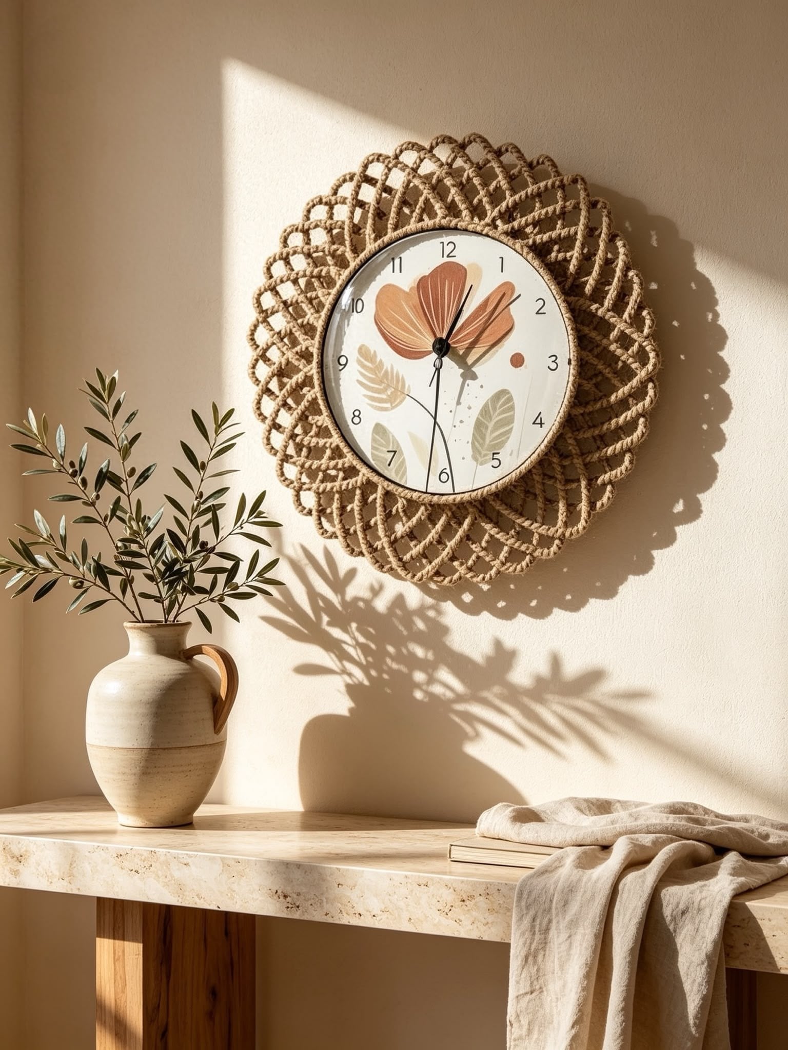Bohem Hasır Çerçeveli Duvar Saati – Modern Görünümlü Dekoratif Salon Saati – 43 cm