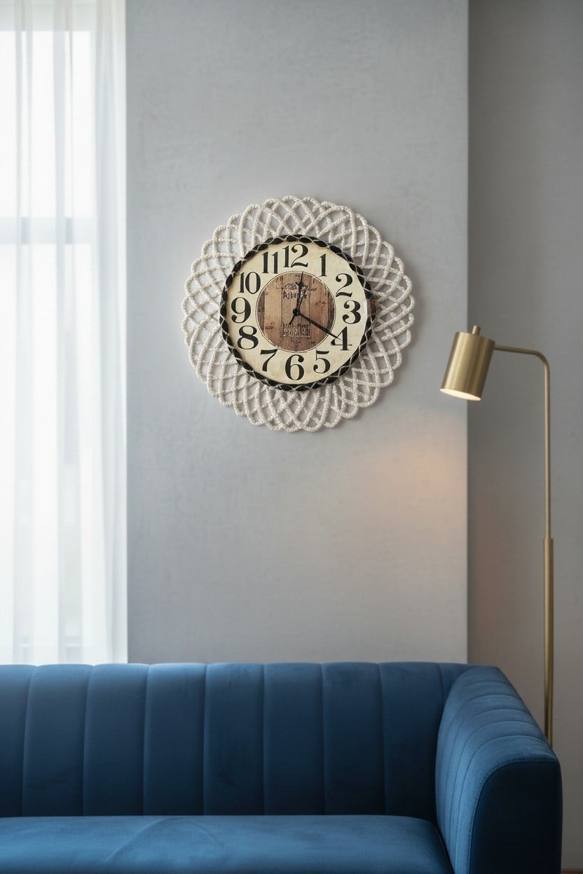 Bohem Hasır Çerçeveli Duvar Saati – Modern Görünümlü Dekoratif Salon Saati – 43 cm Beyaz/Natural