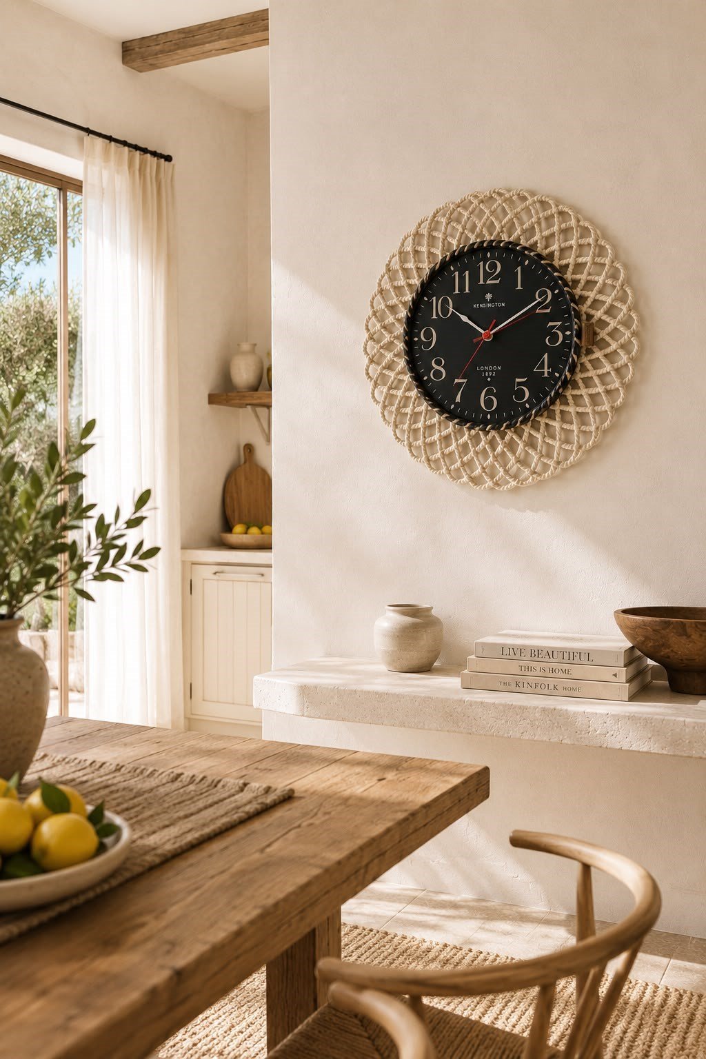 Bohem Hasır Çerçeveli Siyah Detaylı Duvar Saati – Modern Görünümlü Dekoratif Saat – 43 cm