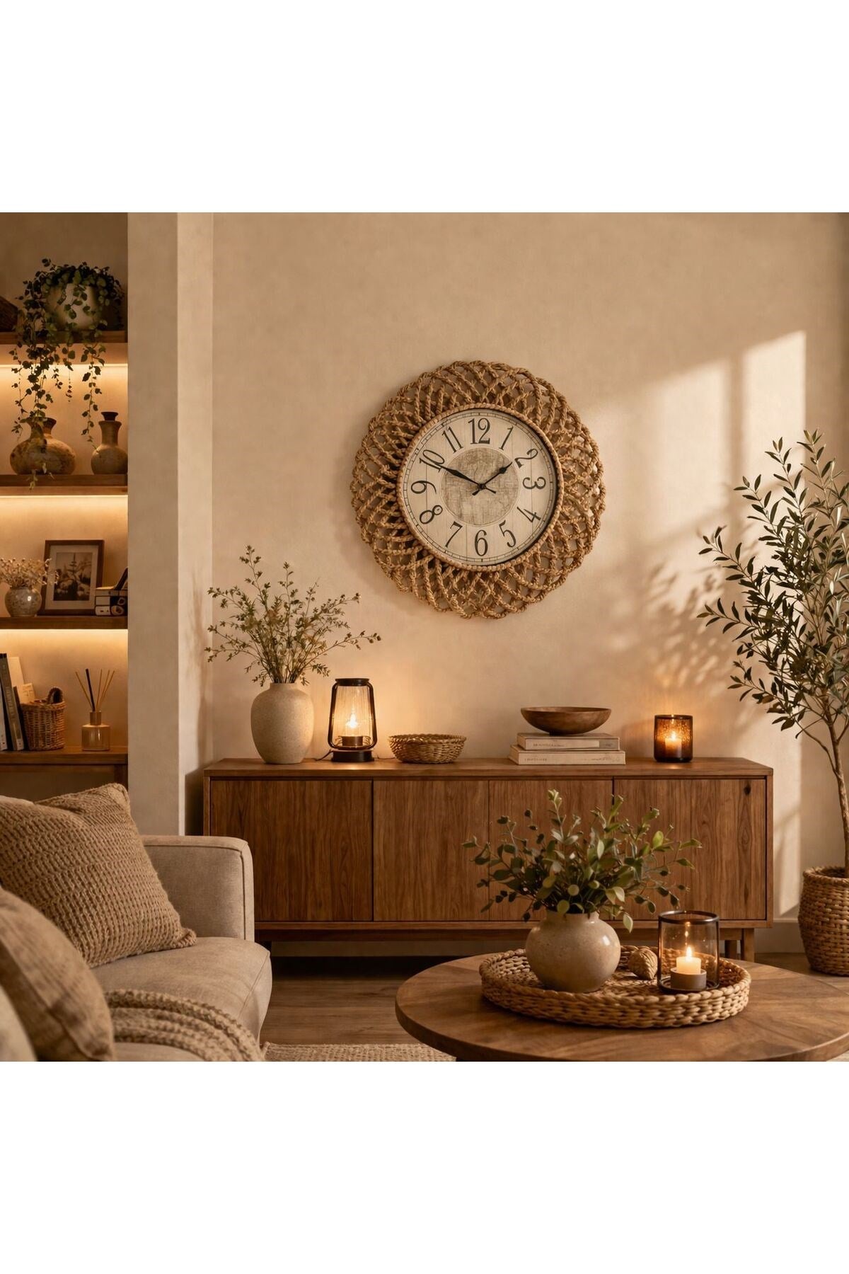 Bohem Hasır Görünümlü Duvar Saati – Modern Görünümlü Dekoratif Salon Saati – 43 cm